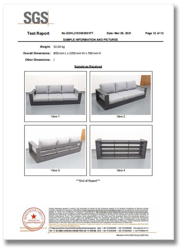 Informe de prueba del SGS del sofá de 3 plazas Raia